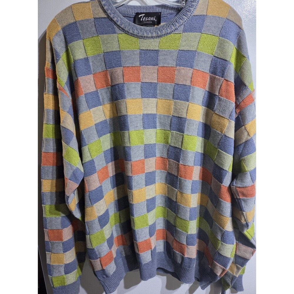 Tosani Of Canada Multicolored Checkered Sweater Mens XL Cotton/Acrylic Blend EUC